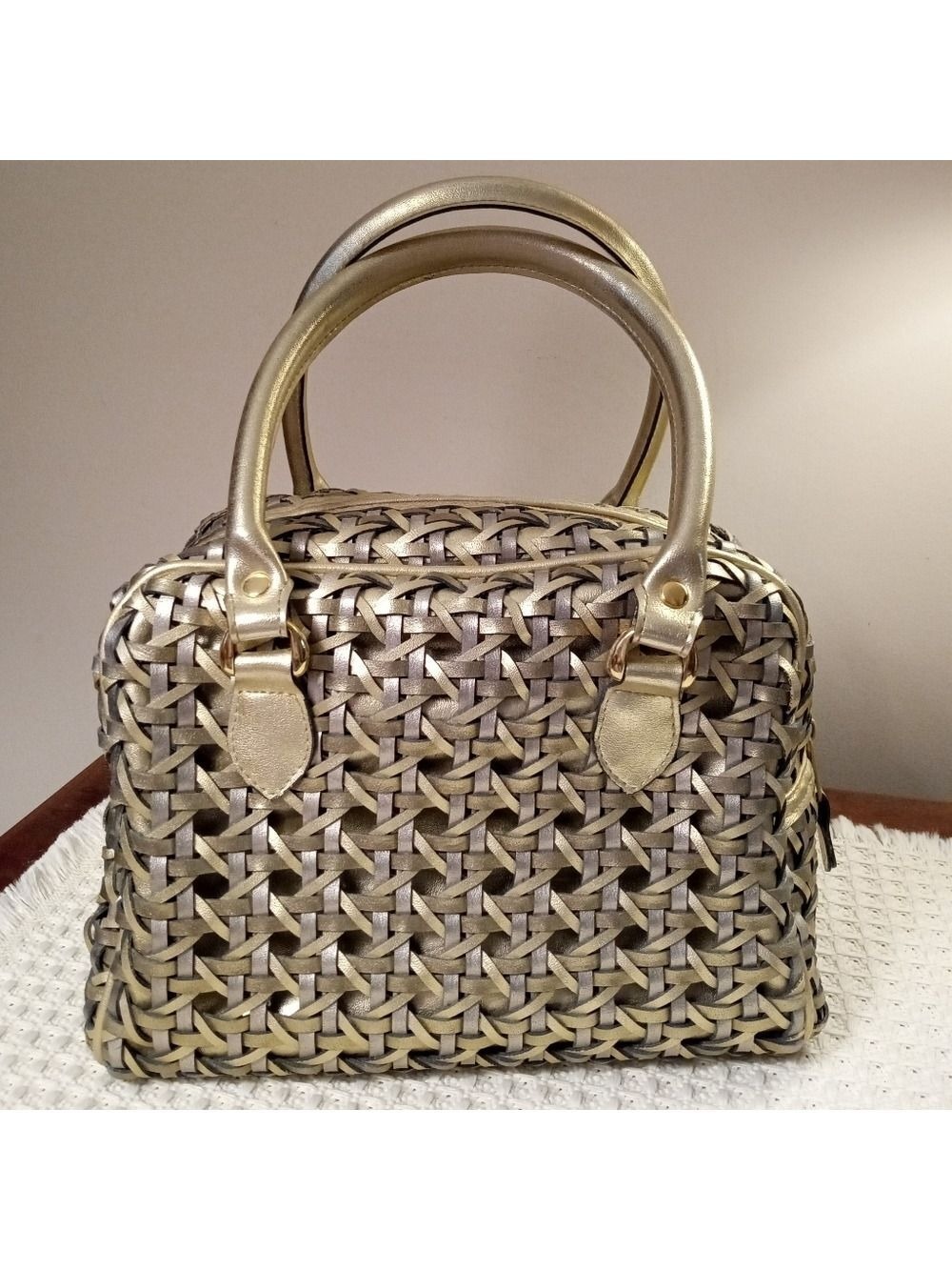 Warren Reed Gold Silver Metallic Woven Leather Satchel Large